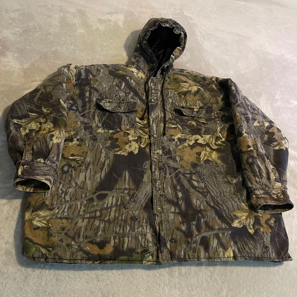 Vintage 90s Duxbak Mens XL Mossy Oak Break Up Camo Quilted Hooded Flannel Jacket